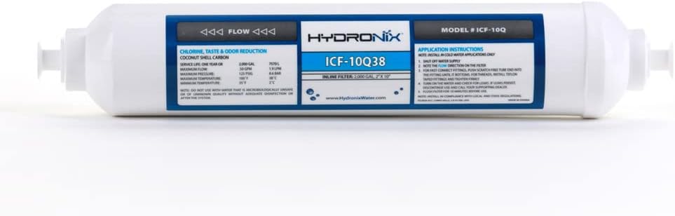 Hydronix ICF-10Q38 Inline Reverse Osmosis Post, Fridge & Ice Coconut GAC Water Filter 2000 Gal, 3/8" Quick Connect