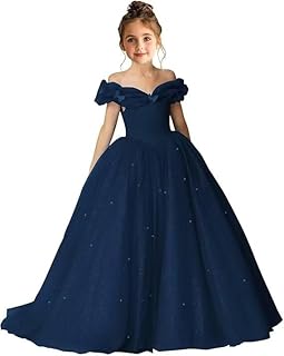 Off Shoulder Tulle Flower Girl Dress Pageant Dresses for Girls Sparkly Pearls Princess Ball Gown Dresses for Girls