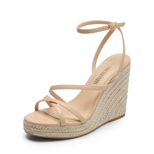 DREAM PAIRS Strappy Espadrille Platform Wedge Sandals for Women Dressy Summer, Comfortable Open Toe Sandals with Cushioned Insole and Ankle Strap Buckle 6 Nude