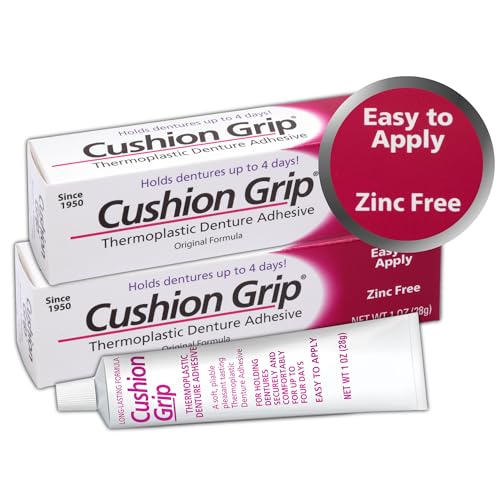 Cushion Grip Thermoplastic Denture Adhesive 1 oz - Refits and Tightens Loose and Uncomfortable Dentures | Non-Glue Adhesive Acts Like a Soft Reliner (Pack of 2)