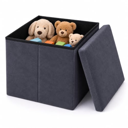 Pivalo 12 Inches Ottoman Storage Box Foldable Footrest Stool with Cushioned Pouf Lid Velvet Table Cube Multipurpose Cloth Book Toy Organizer Stool Upholstered Seat for Bedroom Living Room (1Pc, Blue)