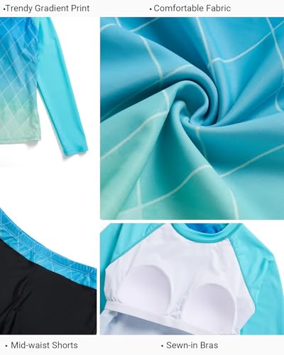 Image of Daci Women Two Piece Rash Guard Long Sleeve Swimsuits UV UPF 50+ Swim Shirt Bathing Suit with Boyshort Bottom