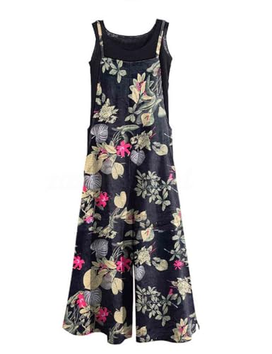 KMAZN Women's Casual Loose Long Cotton Bib Overalls Baggy Linen Plus Size Jumpsuits Rompers Wide Leg Pants QG5 039 S