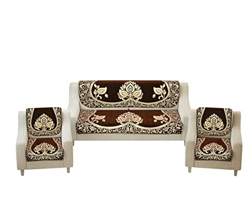 Image of Velvet Sofa Cover Set of 5 Seater - Premium Sofa Covers 3 Seater and 2 Seater Full Cover Set for Couch Seat - Heavy Fabric Sofa Slip Protector with Back Covers, 2701 Brown