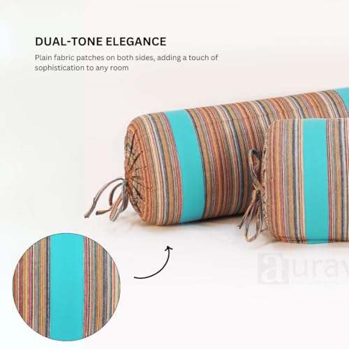 Image of AURAVE Woven Cotton 144 TC Printed Bolster Cover with Drawstring Closure, Set of 2, Soft Breathable Durable Machine Washable for Sofa Bed & Home Decor, 15 inchx30 inch, Aqua | Cover Only