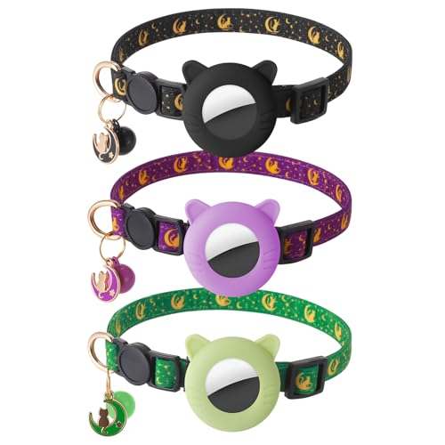 3 Pack Airtag Cat Collars Breakaway Moons Stars Cat Collars with Air Tag Holder and Bells Adjustable Safety Kitten Collars for Girl Boy Cats