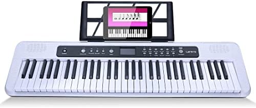 Lankro 61 Key Keyboard Piano Electric Keyboard Kit Lighted Keys With LCD Display, Microphone, Power Supply, Audio Cable, Piano Key Stickers, White