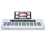Lankro 61 Key Keyboard Piano Electric Keyboard Kit Lighted Keys With LCD Display, Microphone, Power Supply, Audio Cable, Piano Key Stickers, White