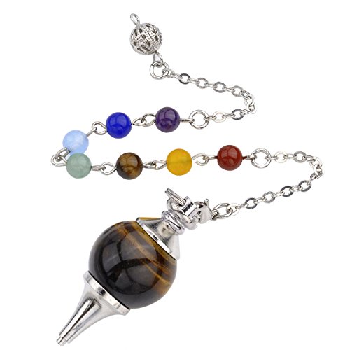 QGEM Pendule Radiesthésie Divination Pendentif Boule avec Bracelet Énergie en 7 Pierre Chakra(Gemme Oeil de Tigre)