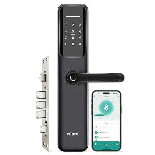 Image of Wipro Smart Door Lock Aura Pro | 6-Way Unlocking | 5 Bolts | Fingerprint, PIN, Access Card, Guest Unlocking via OTP, Mobile App | Pin Decoy, Alerts | IP65 Waterproof | 2 Yr Warranty | Black
