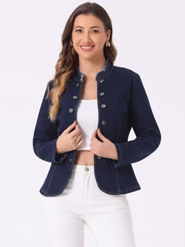 Allegra K Denim Blazer for Women's Open Front Stand Collar Jeans Jacket4
