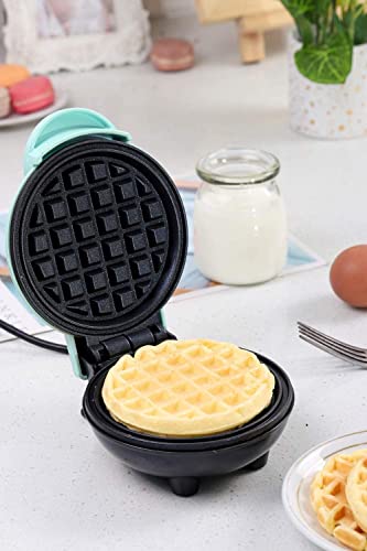 Image of KrissKross Mini Waffle Maker 4 Inch- 350 Watts: Stainless Steel Non-Stick Electric Iron Machine for Individual Belgian Waffles, Pan Cakes, Paninis or Other Snacks - Aqua blue