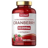 Cranberry Kapseln Hochdosiert 50000mg mit 200mg Vitamin C | 180 Vegane Konzentrat Tabletten | Preiselbeerextrakt Komplex mit Vitamin C | by Horbaach
