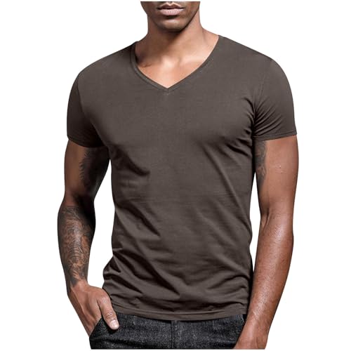 Gubsssl Gym T Shirts Men UK Short Sleeve Summer Shirts Running Tops Teenager Plain Tee V Neck Tshirts Comfortable Activewear Soft Sportswear Sports Clothes Running Clothing T-Shirts Coffee S