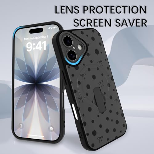 Coque iPhone 17 béquille mains libres et motif nœud à pois