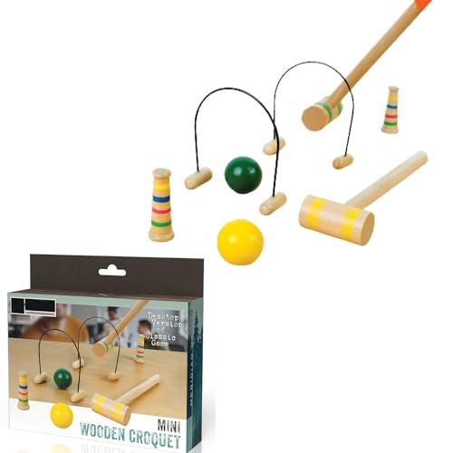 Mini Wooden Croquet Set - Tabletop Desktop Game for Families & Kids - Indoor Miniature Set With 2 Mallets, 2 Wood Balls, 2 Goal Posts, 2 Gates and Wooden Feet