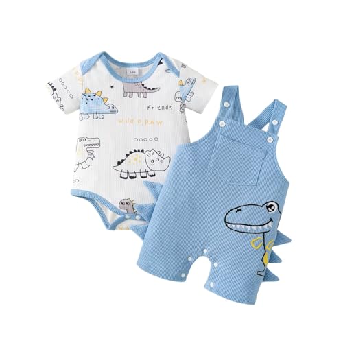 Image of Bekarsy Baby Boy Clothes Cute Summer Outfits Infant Dinosaur Romper Cartoon Suspender Overalls Shorts Set 0-18 Months