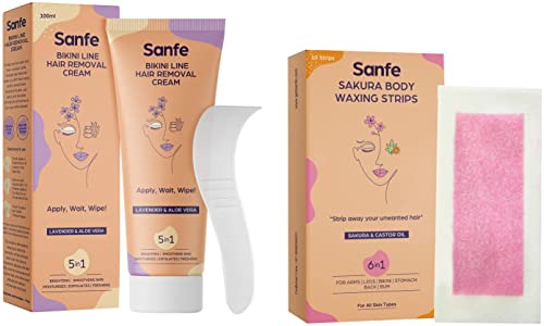 Image of Sanfe Sakura Body Wax Strips for Sensitive Skin with Complementary Cleansing Wipes - 10 Strips & Sanfe Bikini Line Hair Removal Cream For Women - 100gm