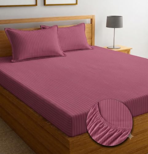 Image of Satin Striped Glace Cottonelastic Fitted bedsheets Double Bed with 2 Pillow Cover| 72 x 78 Inch | Fits Up to 10 Inch | Soft & Smooth Hotel Collection | Breathable, Fade Resistant