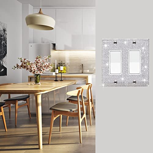 Image of Shiny Silver Rhinestones Light Switch Cover Decorative Outlet Covers Plate Double Gang Toggle Wall Outlet Cover