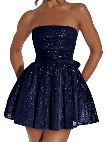 Maxianever Glitter Tulle Homecoming Dresses Strapless HOCO Dresses 2024 Short Prom Dresses for Teens with Bow