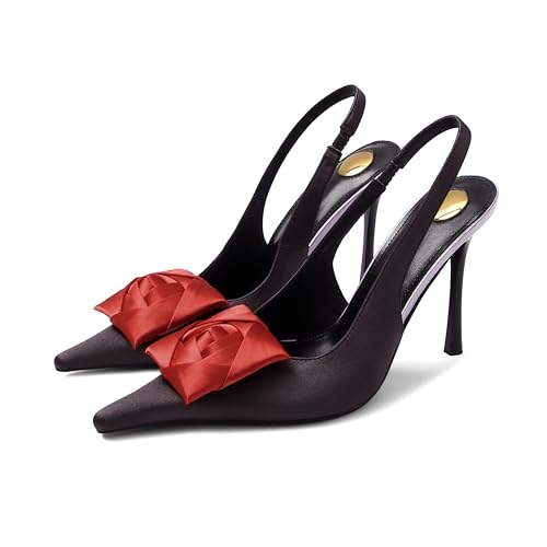 MAIJED Flower High Heels for Women Closed Pointed Toe Satin Slingback Stiletto Heel Pumps Slip On Elastic Ankle Strap Evening Party Dress Heeled Sandals Shoes Black US11 by MAIJED - Used condition - US$41.39