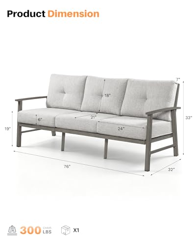 Image of 3 Seats Patio Furniture Sofa, Outdoor Aluminum Couch with 5.9'' Soft Cushion, 3-Seater All-Weather Outdoor Patio Furniture Sofa Couch for Balcony, Poolside, Lawn, Limed Oak