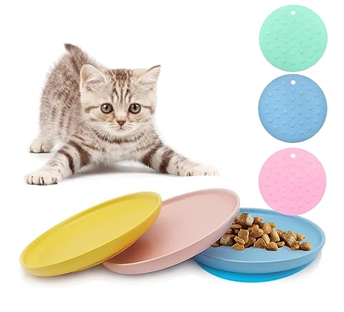 3 teilige NIXBYO Katzennapf Flach Futternapf,Keramik Katze Napf - 3er Set Katzennäpfe Bunt - Katzenschüssel Porzellan Futterschale - Flache Katzenteller - Katzenfutter Napfset - Ø15