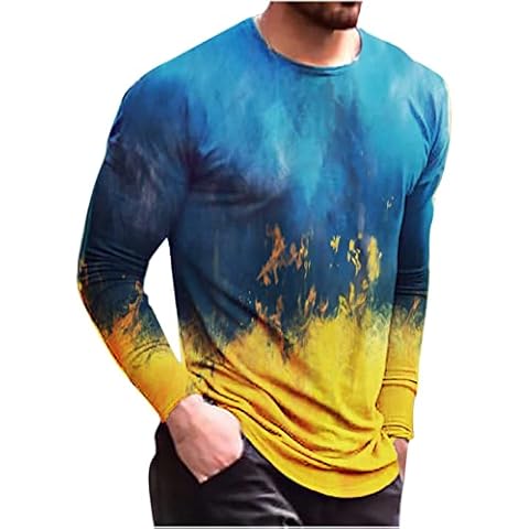 T Shirts for Men UK Long Sleeve Top Round Neck Print Color Fashion Casual Basic T-Shirt Tunic Top Blouses Plus Siz Yellow Cover