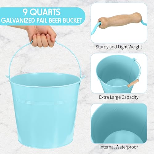 Image of Didaey 12 Pcs 9 Quart Large Galvanized Metal Buckets with Handle Inch Heavy Duty Stainless Steel Pails Round Pail for Party Wedding, Crafts, Utensils, Table Centerpieces (Light Blue)