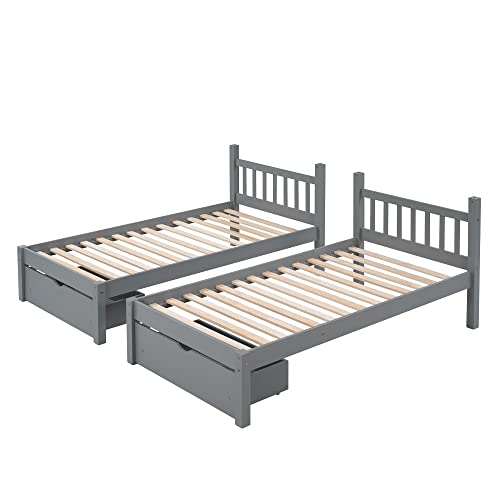 Wood Triple Bunk Bed, Durab Triple Beds Frame Triple Bunk Beds Full Over 2 Twin Bunk Bed With 3 Drawers Ladder And Guardrails, Bunk Bed For Family, Teens, No Box Spring Needed,Gray #TOP6