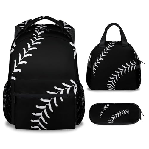 Baseball Backpack with Lunch Box and Pencil Case Set, 3 in 1 Matching Boys Black Backpacks Combo, Cool Bookbag and Pencil Case Bundle