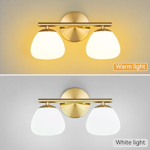 Image of Modern 2 Light Bathroom Vanity Light Gold Vanity Light Bathroom Light Fixtures Over Mirror with Milk Glass Shade Bathroom Vanity Lighting Fixtures