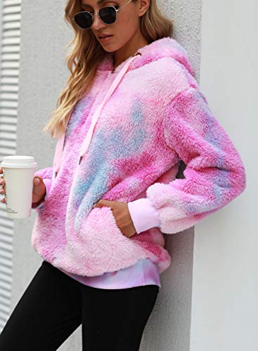 Nirovien Womens Sherpa Pullover Tie Dye Fuzzy Hoodie Double Fleece Sweatshirts Fluffy Oversized Plaid Outerwear(Pink,3Xl) #TOP3