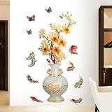 Vinilo decorativo 3D floral para pared, jarrón con magnolias mariposas, 86 x 54,5 cm, estilo asiático para decoración del hogar