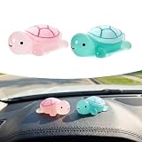 Bouzuny 2PCS Cute Tortoise Car Dashboard Ornament, Luminous Mini Turtle Mini Rear View Decor, Universal for Center Console/Dashboard/Touchscreen Top Funny Resin Figurine Ornament (Pink & Blue-Green)