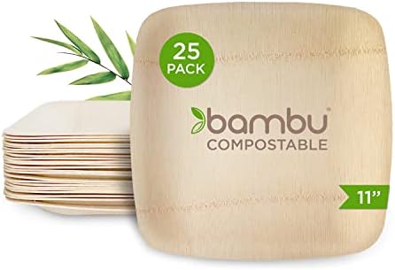 Bambu, Disposable Bamboo Square Plates 11 Inch, Organic, Biodegradable and Eco Friendly Flatware, Veneerware Party, Wedding, and Event Plates, Great For Any Occasion, 100% Natural - 11", Pack of 25