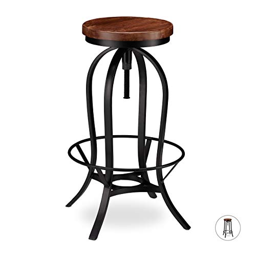 Relaxdays Taburete Alto Cocina, Banqueta Bar, Vintage Industrial, Hierro-Madera, Altura Ajustable 76,5 cm, Negro-Marrón