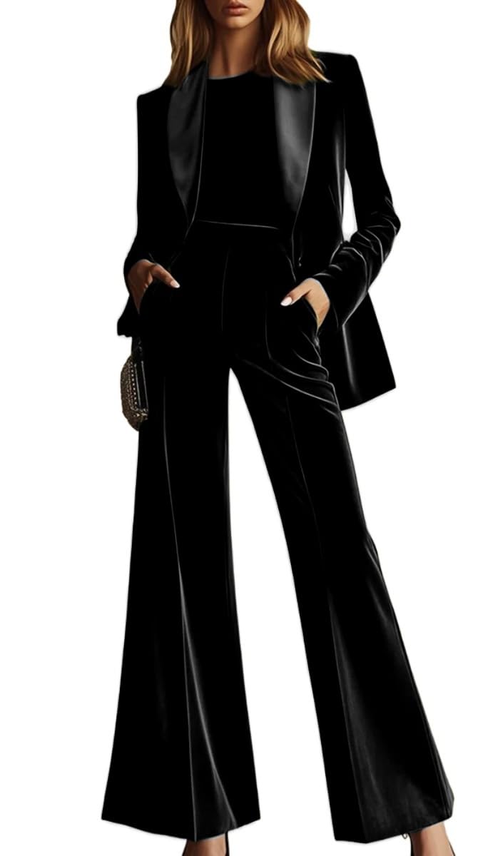 Velvet Womens Pant Suit 2 Piece Set Women Formal Office Work Suit Wedding Prom Tuxedo-image-7