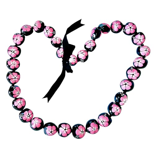 Collier de fleurs d'hibiscus rose et noix Kukui 81,3 cm Hawaiian Jewelry
