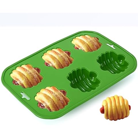 Xfbaozxy 6 Holes Silicone Muffin Pan Croissant shape, Silicone Bread Loaf Pan Donut Pan Non-Stick, Silicone Donut Pan for Baking Donuts Bread Pan Pure Food Grad, BPA Free, German LFGB Approved (Green Cover