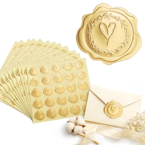 DreamBuilt 300pcs Gold Embossed Wax Seal Looking Heart Envelope Seals for Wedding Invitations/Greeting Cards/Party Favors, Self-Adhesive