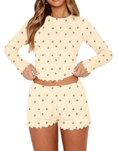 BONITEE Womens PJs Cute Fall Clothes 2 Piece Sets Casual Y2k Tops Shorts Pyjamas Two Piece Set 2026 Trendy Outfits Apricot-Cherry L