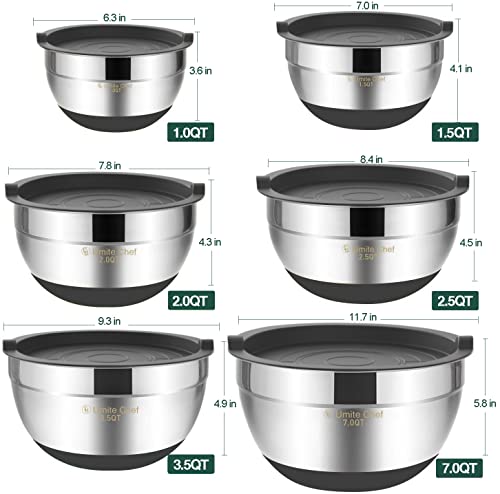 Umite Chef Mixing Bowls with Airtight Lids,6 piece Stainless Steel Metal Nesting Storage Bowls, Non-Slip Bottoms Size 7, 3.5, 2.5, 2.0,1.5, 1QT, Great for Mixing & Serving(Grey)