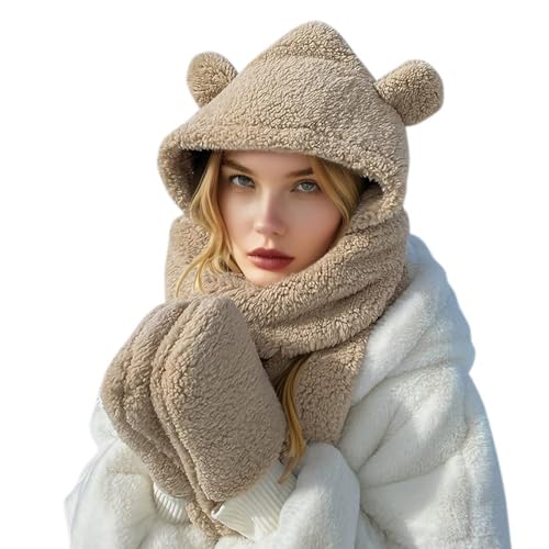Women Cute Bear Hooded Hat Scarf Gloves Set 3-in-1 Earflap Animal Hat Plush Warm Hooded Scarf with Mittens