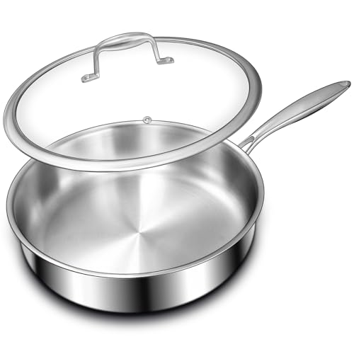 12 Inch Tri-Ply Stainless Steel Frying Pan, Deep Frying Pan with lids, PFOA&PTFE Free Skillet, Induction Cooking Pan, Dishwasher and Oven Safe, Fast & Even Heat, Heavy Duty and Detachable Handle