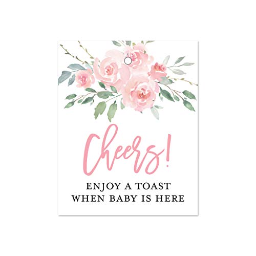 Pink Floral Champagne Baby Shower Favor Tags (2" x 2.5") - 24 Count
