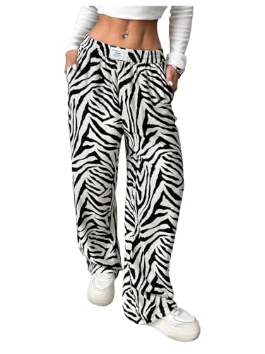 Women's Letter Leopard Print Straight Leg Pants Elastic Waist Y2K Trousers Bottoms with Pockets