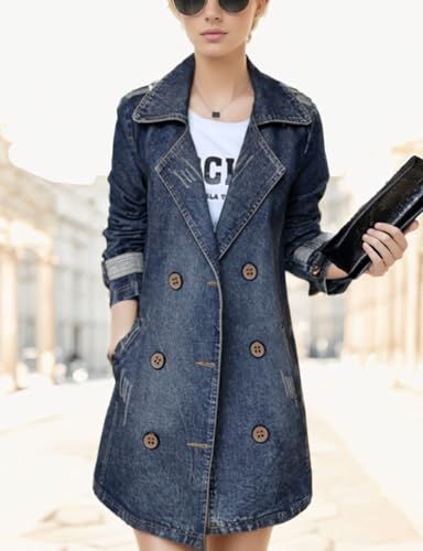 Kwoki Women's Mid Long Denim Trench Coat Casual Slim Double Breasted Distressed Ripped Jean Jacket with Pockets3