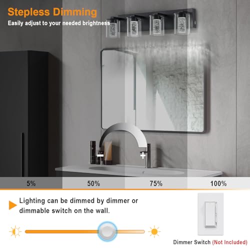 Image of SineRise Bathroom Vanity Light with 3 Color Modes (3000K /4000K /6000K), Eye Protection LED Bathroom Light Fixture, Dimmable Modern Wall Light Over Mirror with Clear Glass Shade (Black, 4-Light)